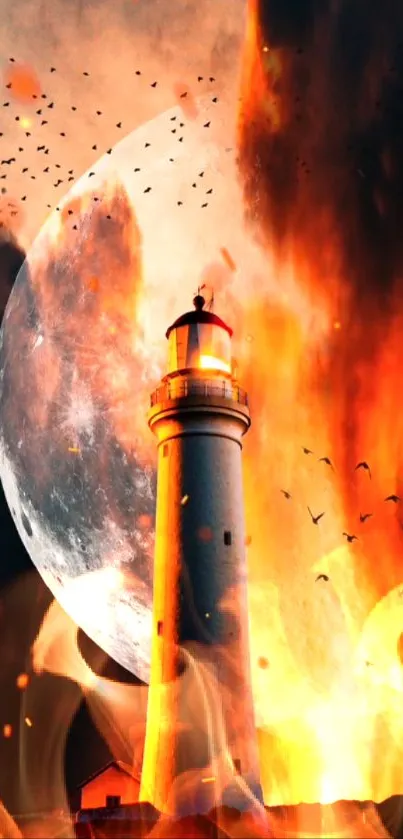 Lighthouse with flames against a moonlit sky, surrounded by birds.