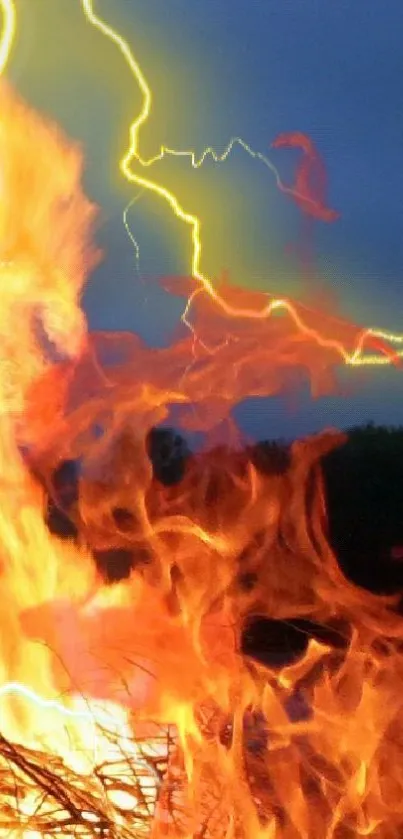 Mobile wallpaper with orange flames and yellow lightning in a dark sky.