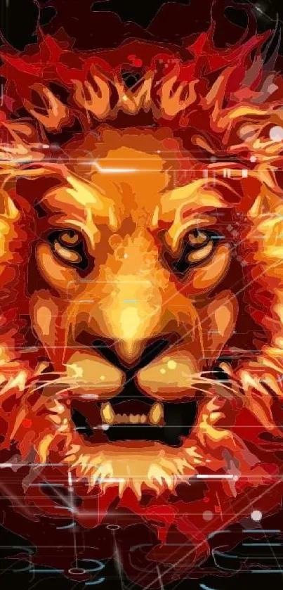 Abstract fiery lion head art on a dark mobile wallpaper.