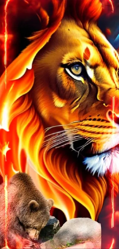 Fiery lion artwork with a bear, rich in red and orange hues.