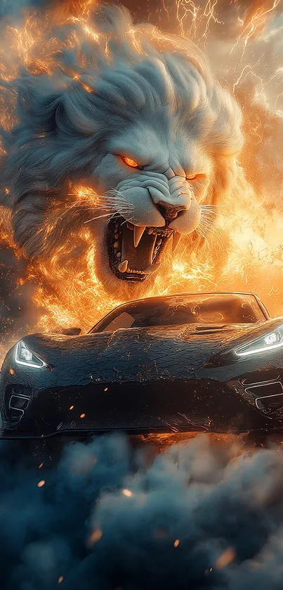 Fiery lion and sleek car on a dynamic background.