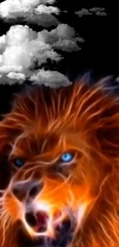 Fiery lion and clouds mobile phone wallpaper with vibrant colors.