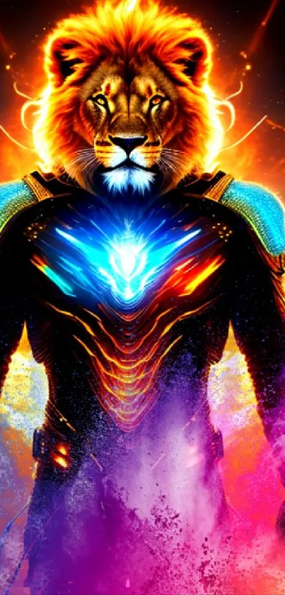 Fiery lion warrior in vibrant, glowing armor with vivid colors.