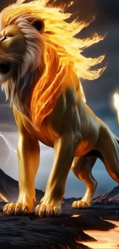 Majestic lion with fiery mane on lava background.