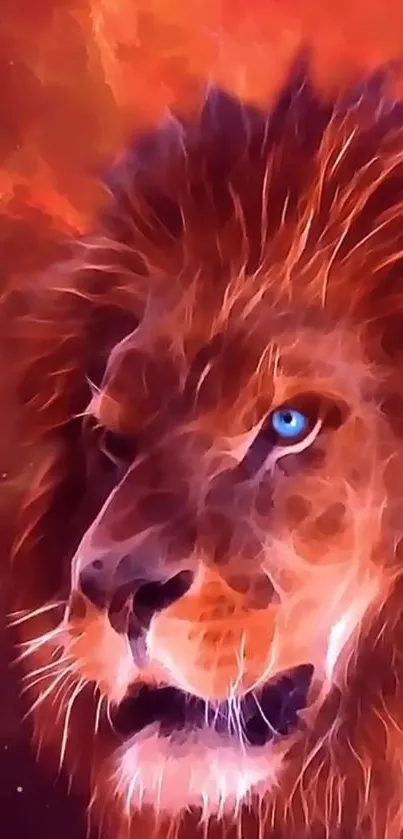 Fiery toned artistic lion wallpaper with captivating blue eyes