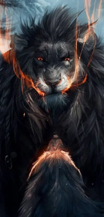 Fiery lion with glowing orange flames on dark background.