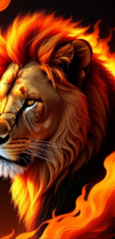 Fiery lion with vibrant orange flames design.