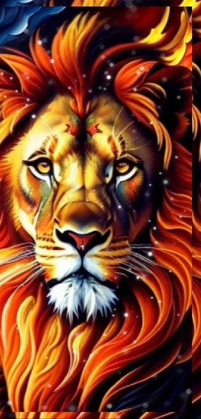 Fiery lion art wallpaper with vibrant colors.