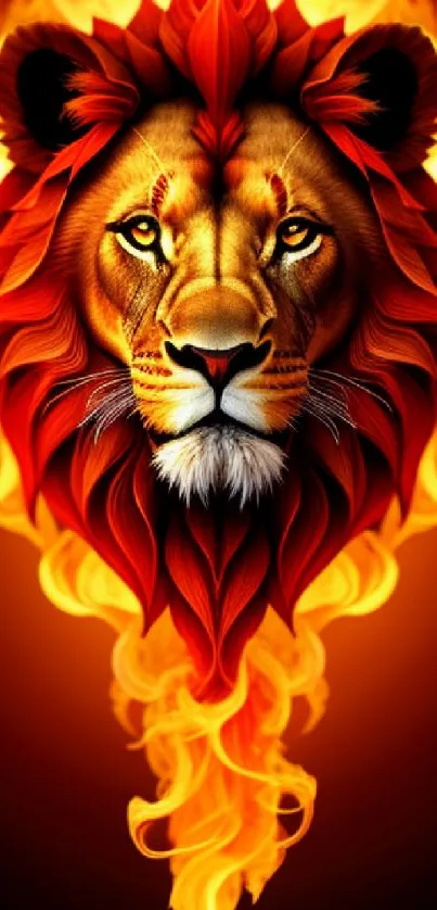 Majestic lion engulfed in fiery flames creating a striking mobile phone wallpaper.