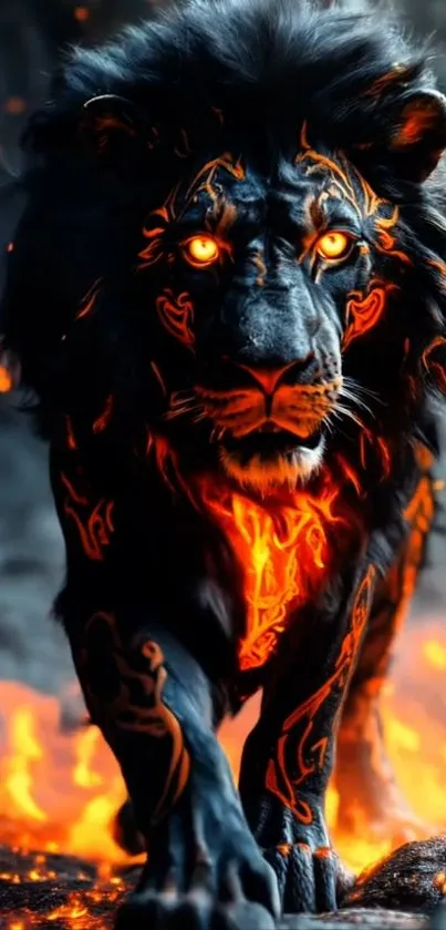 Fiery lion artwork with vibrant flames.