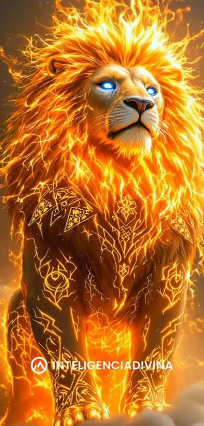 Fiery lion with glowing patterns and mystical aura.