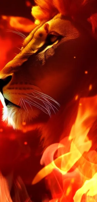 A majestic lion with fiery red flames in the background.