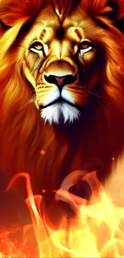 Fiery lion surrounded by flames in vibrant wallpaper.