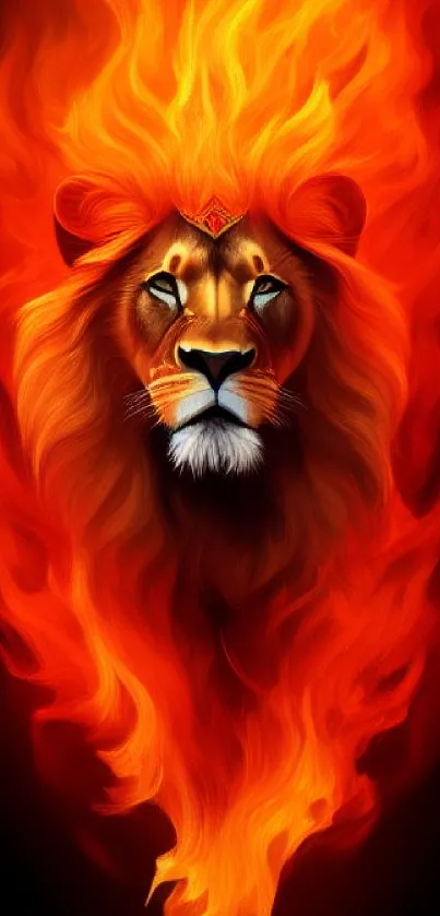 Fiery lion with flaming mane, mobile wallpaper.