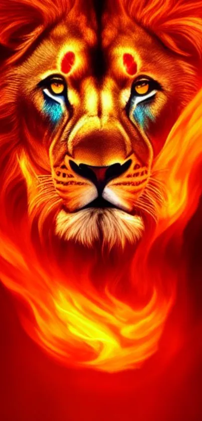 Fiery lion with red-orange flames in artistic wallpaper.