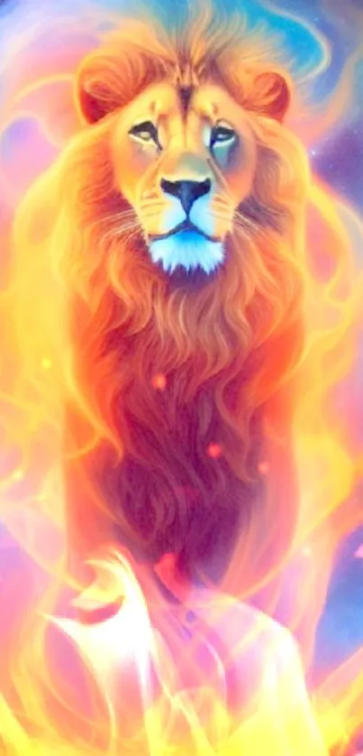 Fiery lion artwork with cosmic flames and vibrant colors.