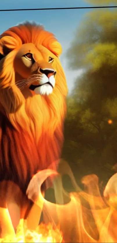 Artistic lion in fiery scene, vibrant mobile wallpaper.