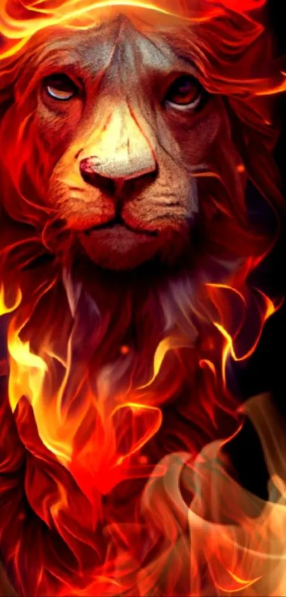 Fiery lion art mobile wallpaper with vibrant flames.