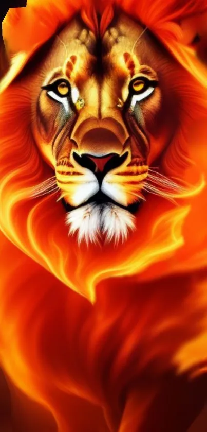 Fiery lion with vibrant orange mane art wallpaper for mobile phones.