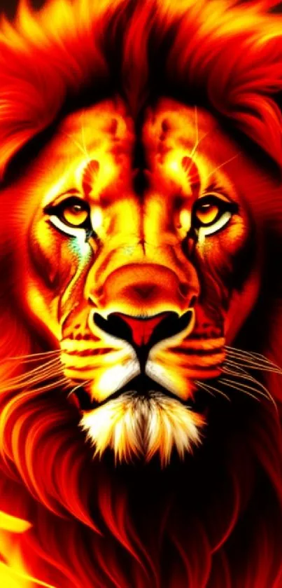 Fiery lion illustration with bold orange flames.