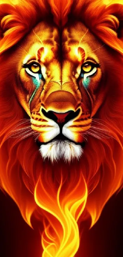 Fiery lion artwork with a vibrant mane and intricate design for mobile wallpaper.