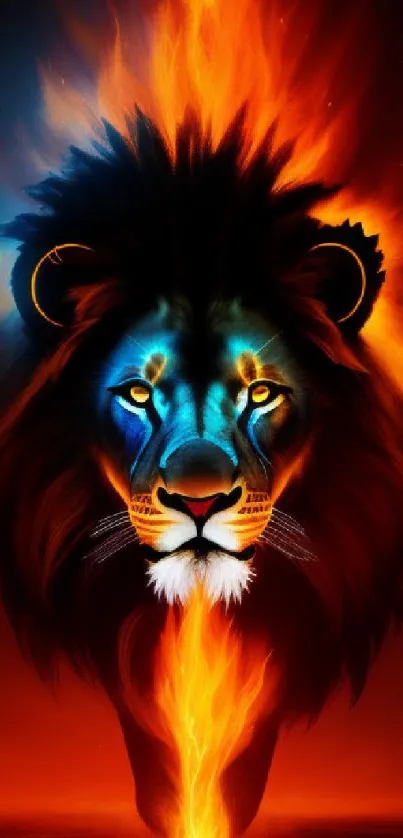 Fiery lion with vibrant flames mobile wallpaper.