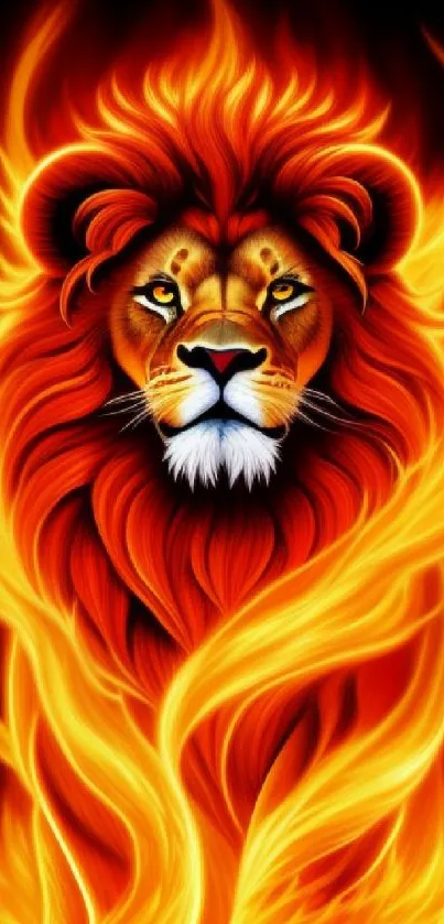 Fiery lion with flowing mane wallpaper design.