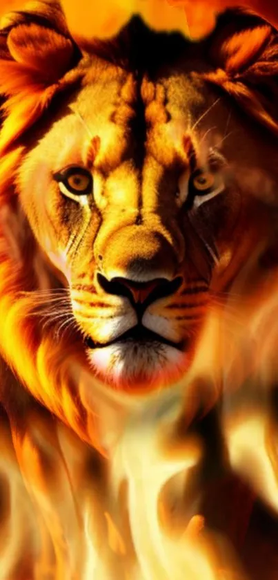 A majestic lion surrounded by vivid flames creating an artistic phone wallpaper.