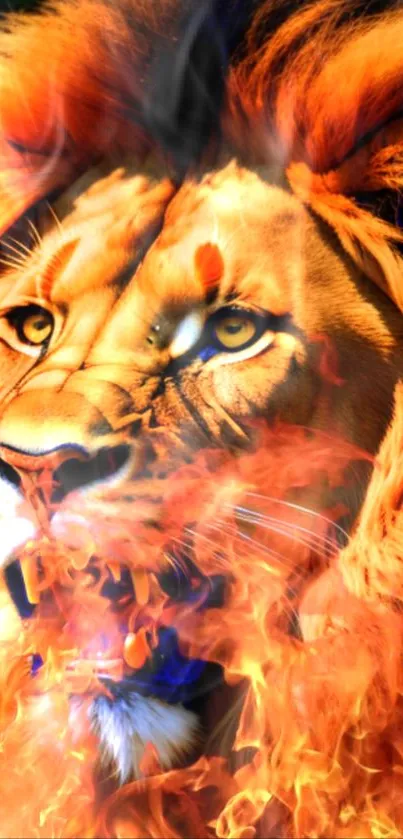 Lion with fiery mane and flames in dynamic artwork.