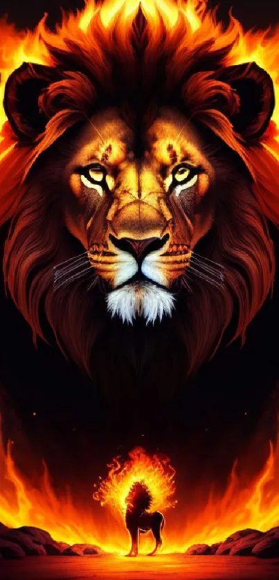 Majestic fiery lion with flames, stunning mobile wallpaper art.