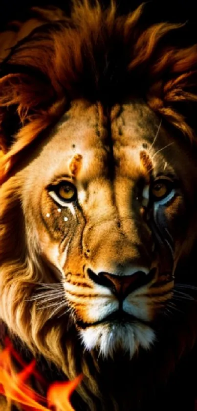 Majestic lion with fiery mane art wallpaper.