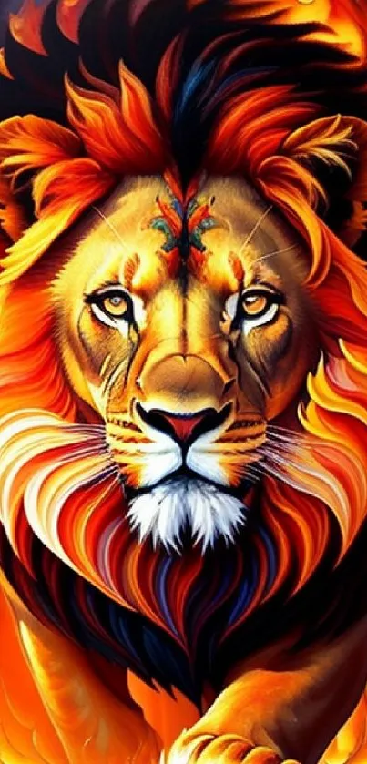 A majestic, fiery lion with vibrant orange and black hues in artistic detail.