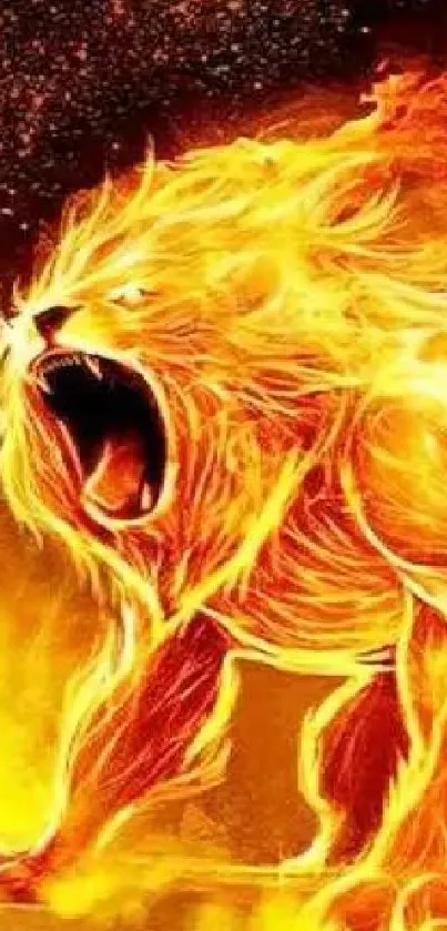 Fiery lion roaring in bright orange flames.