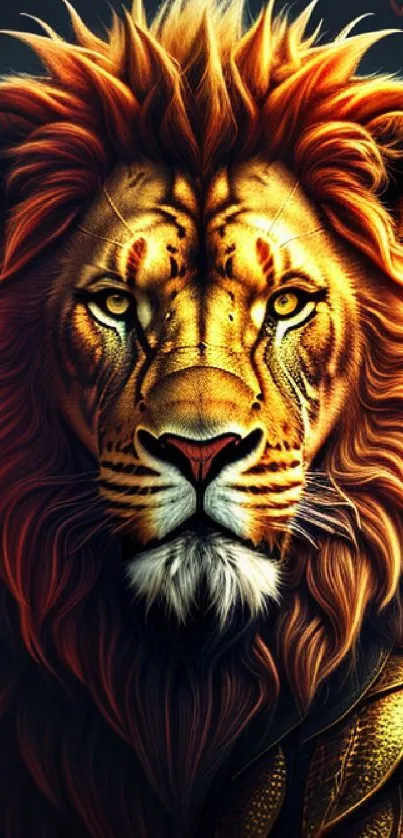 Fiery lion with vibrant mane and golden hues in a stunning mobile wallpaper.