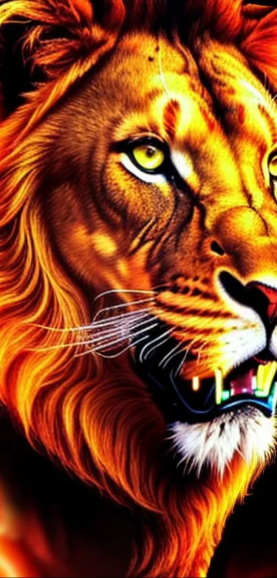 Fiery lion wallpaper with bold orange hues, ideal for mobile screens.