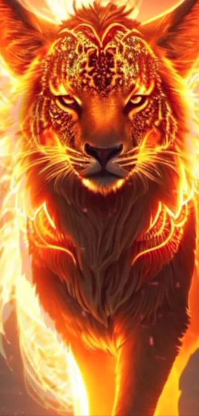 Fiery lion artwork with glowing, vibrant orange hues and intricate design details.