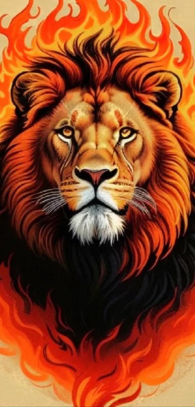 Fiery lion with orange flames mobile wallpaper.