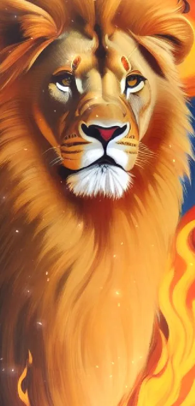 Fiery lion artwork with bold colors and flames.