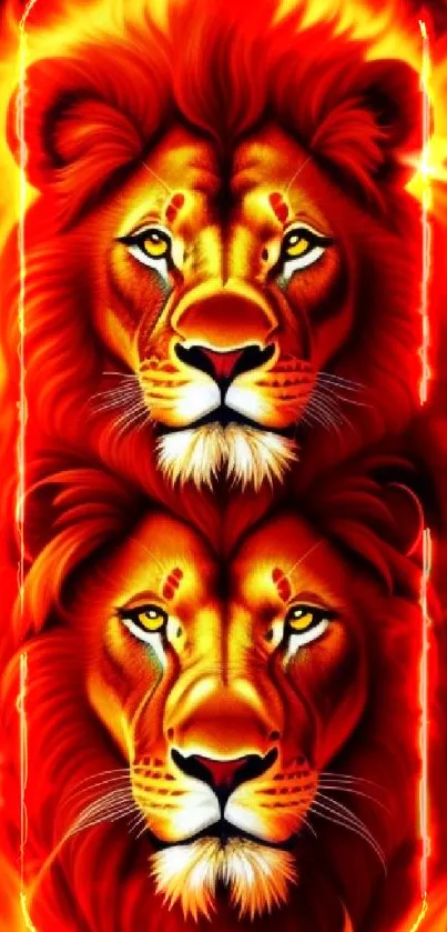 Artistic wallpaper with two fiery lions and blazing manes.