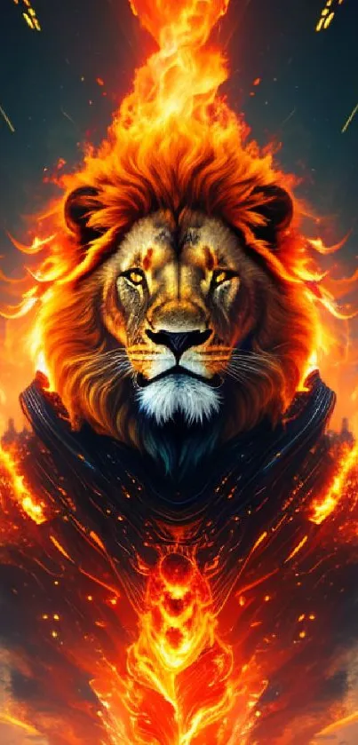 Fiery lion artwork with vibrant flames and dark background.