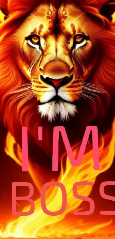 Mobile wallpaper showing a fiery lion with bold 'I'm Boss' text.