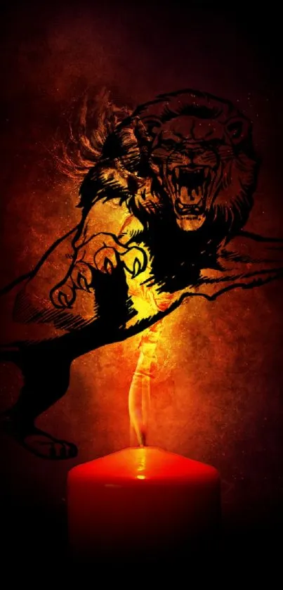 Lion silhouette over a glowing candle flame on a dark background.