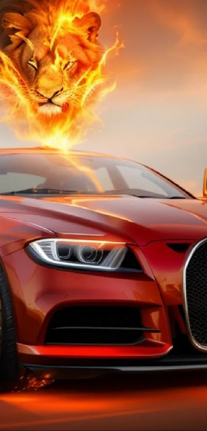 Fiery lion head with red sports car against an orange sky.