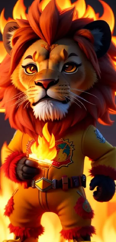 Fiery cartoon lion standing amidst vibrant flames in orange hues.