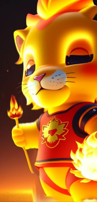 Fiery cartoon lion with bright colors holding a flame.