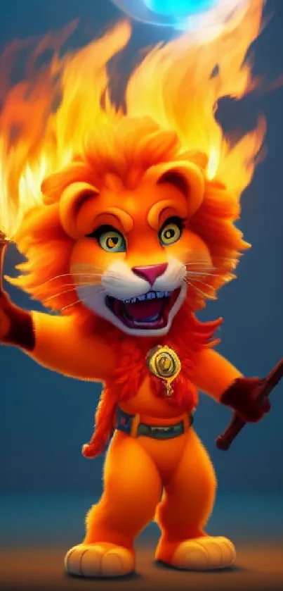 Cartoon lion with flames holding torches on a dark background.