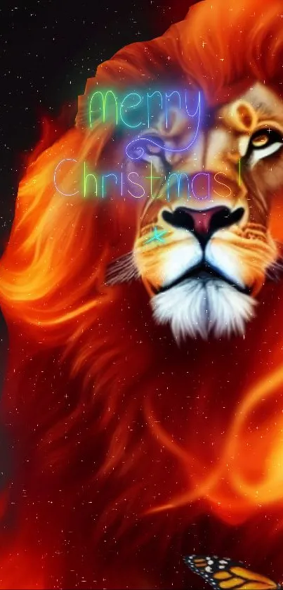 Fiery lion with Merry Christmas text and vibrant colors.