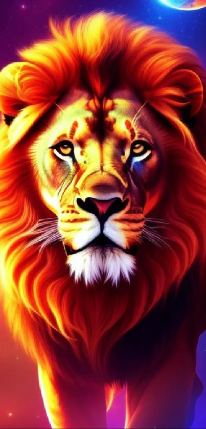 Majestic lion with fiery mane in a cosmic scene, perfect for wallpaper.