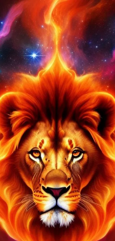 Fiery lion face against a cosmic nebula backdrop.