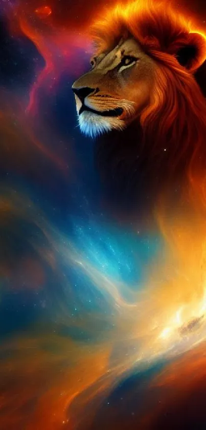 Fiery lion in a cosmic nebula with vibrant orange and blue hues.